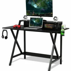 Tangkula Gaming Computer Desk with Monitor Shelf, Gaming Table Workstation with Cup Holder