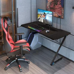 Tangkula Gaming Computer Desk, Z-Shaped Home Office Computer Table with LED Lights & Large Carbon Fiber Surface