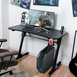 Tangkula Gaming Desk, Height Adjustable Computer Desk w/Blue LED Lights