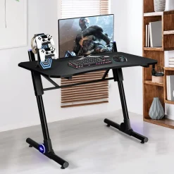 Tangkula Gaming Desk, Height Adjustable Computer Desk w/Blue LED Lights