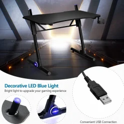 Tangkula Gaming Desk, Height Adjustable Computer Desk w/Blue LED Lights