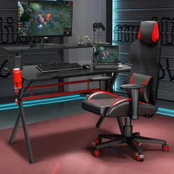 Tangkula Gaming Desk, Professional Gamer Workstation with Cup Holder, Headphone Hook, Handle Rack