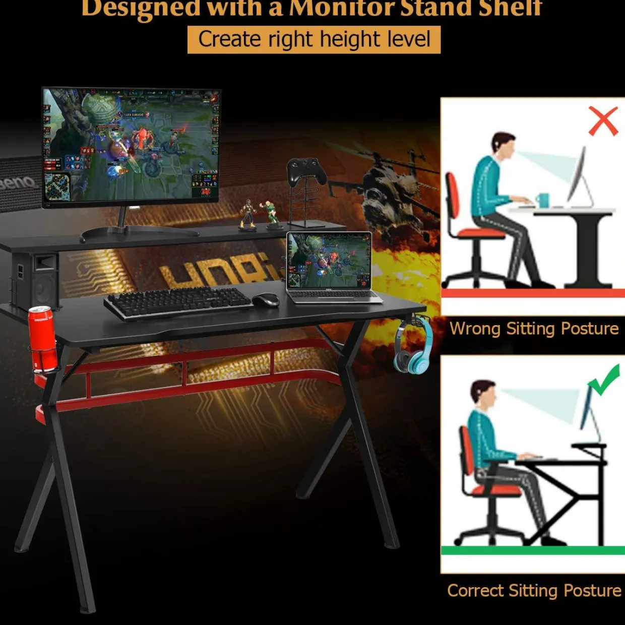 Tangkula Gaming Desk, Professional Gamer Workstation with Cup Holder, Headphone Hook, Handle Rack
