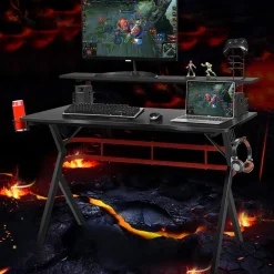 Tangkula Gaming Desk, Professional Gamer Workstation with Cup Holder, Headphone Hook, Handle Rack