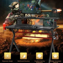 Tangkula Gaming Desk, Professional Gamer Workstation with Cup Holder, Headphone Hook, Handle Rack