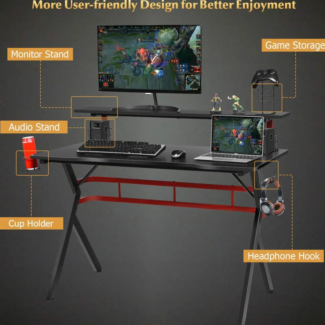 Tangkula Gaming Desk, Professional Gamer Workstation with Cup Holder, Headphone Hook, Handle Rack