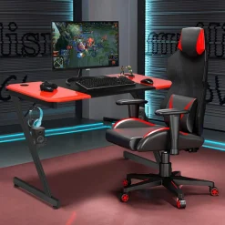 Tangkula Gaming Desk, Z-Shaped Computer Desk Professional Gamer Workstation with PVC Blow Molding Textured Surface