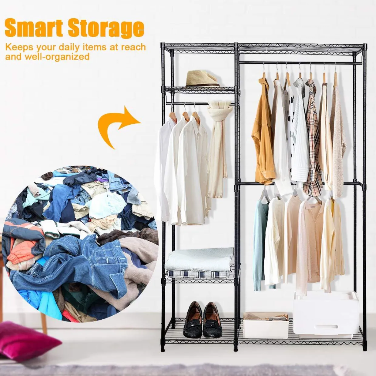 Tangkula Garment Rack Clothing Rack, Heavy Duty Free Standing Closet Organizer with Storage Shelves & Hanging Rods