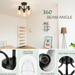 Tangkula Glass Ceiling Light Fixture, Clear Glass Shade, Semi Flush Mount Ceiling Light w/ Sturdy Metal Canopy