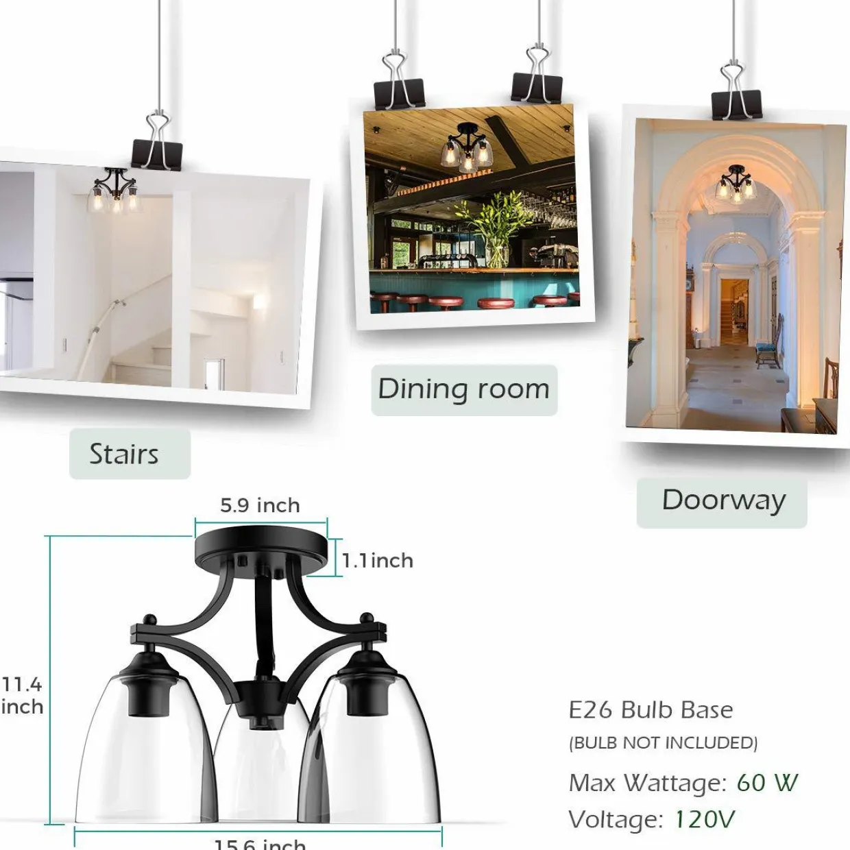 Tangkula Glass Ceiling Light Fixture, Clear Glass Shade, Semi Flush Mount Ceiling Light w/ Sturdy Metal Canopy