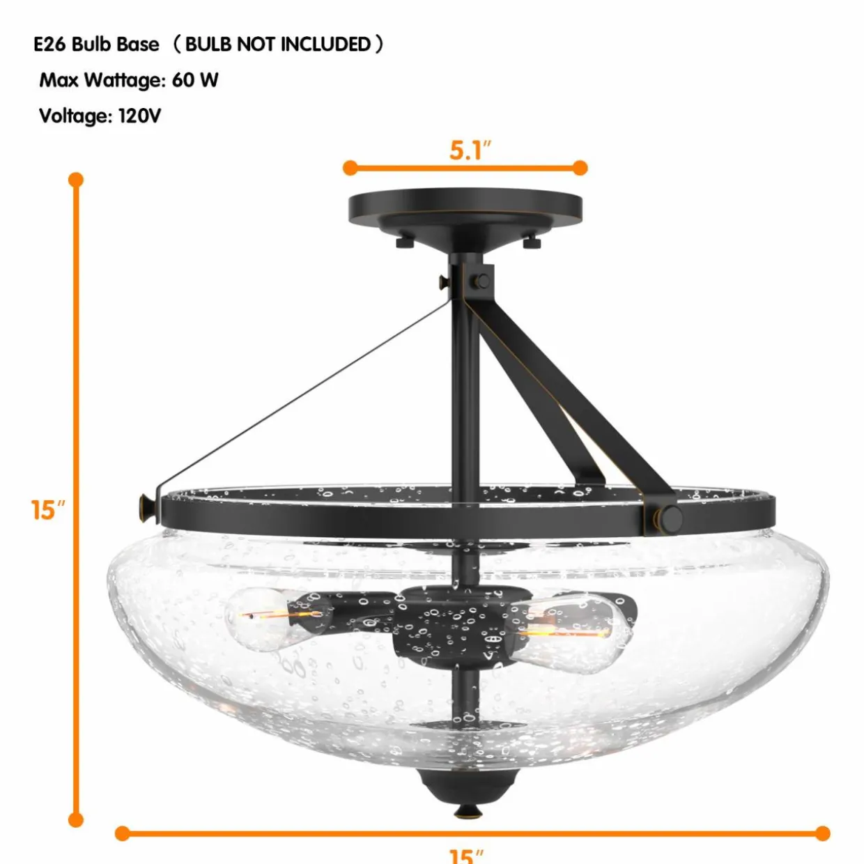 Tangkula Glass Ceiling Light Fixture, Seeded Glass Shade, Semi Flush Mount Ceiling Light w/ Bubble Glass Lampshade