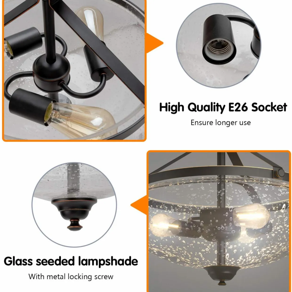 Tangkula Glass Ceiling Light Fixture, Seeded Glass Shade, Semi Flush Mount Ceiling Light w/ Bubble Glass Lampshade