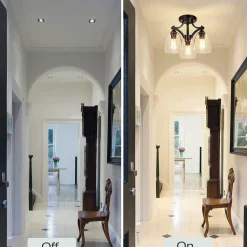 Tangkula Glass Ceiling Light Fixture, Clear Glass Shade, Semi Flush Mount Ceiling Light w/ Sturdy Metal Canopy