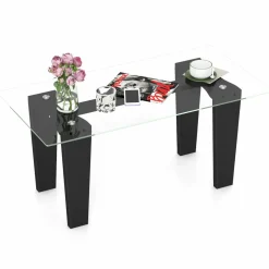 Tangkula Glass Coffee Table, 39.5 Inch Modern Rectangular Center Table with Solid Rubber Wood Leg(Rectangular, Black)