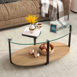 Tangkula Glass Coffee Table, 2 Tier Oval Tea Table with Tempered Glass Tabletop and Wooden Shelf
