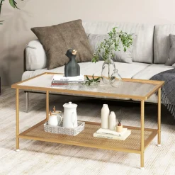 Tangkula Glass Coffee Table, 2-Tier Rectangular Tempered Glass Center Table