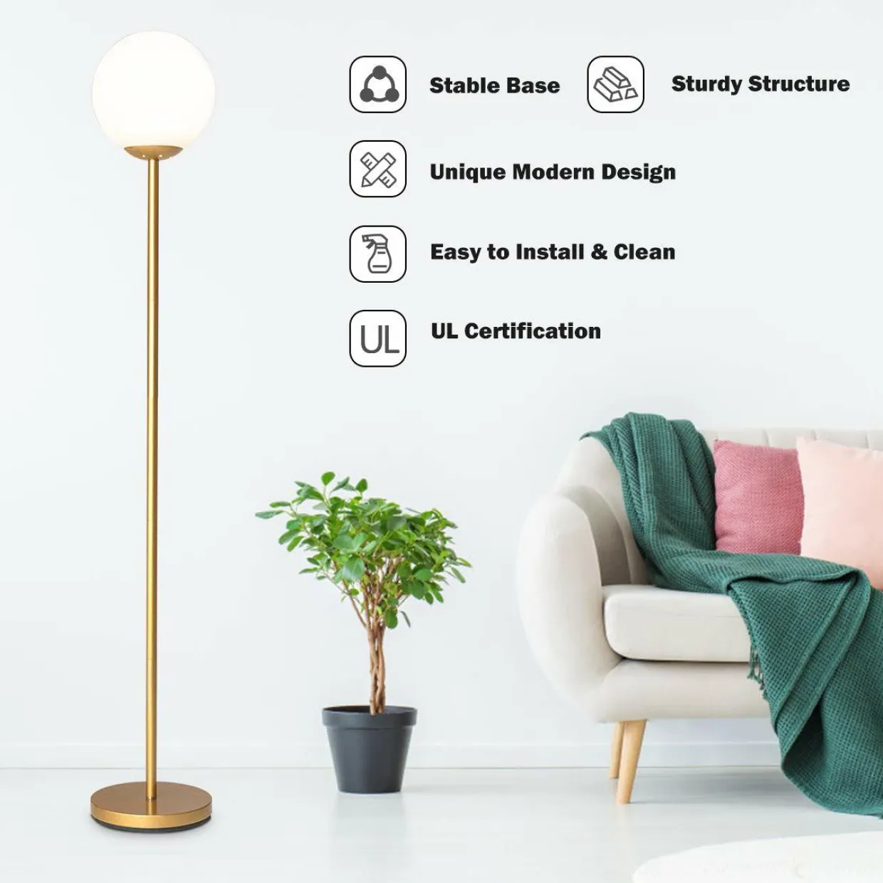 Tangkula Globe Floor Lamp, Mid Century Modern Standing Lamp with Acrylic Lampshade (Gold)