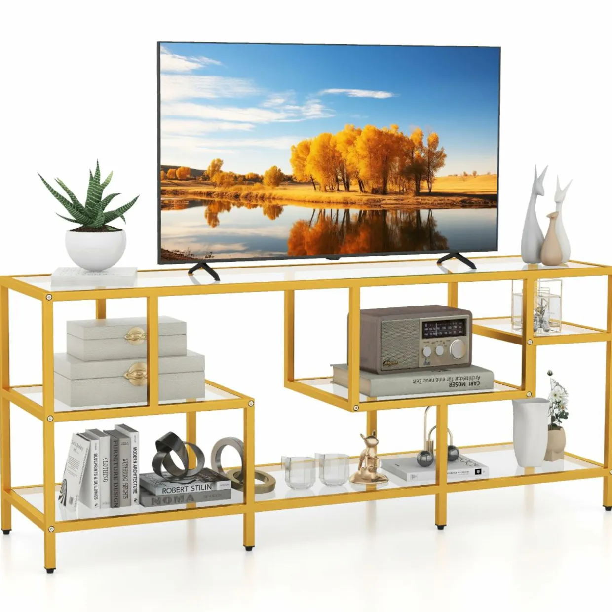 Tangkula Gold TV Stand for TVs up to 65”, 58” TV Console Table with Tempered Glass Shelves & Golden Metal Frame