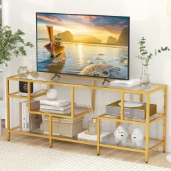 Tangkula Gold TV Stand for TVs up to 65”, 58” TV Console Table with Tempered Glass Shelves & Golden Metal Frame