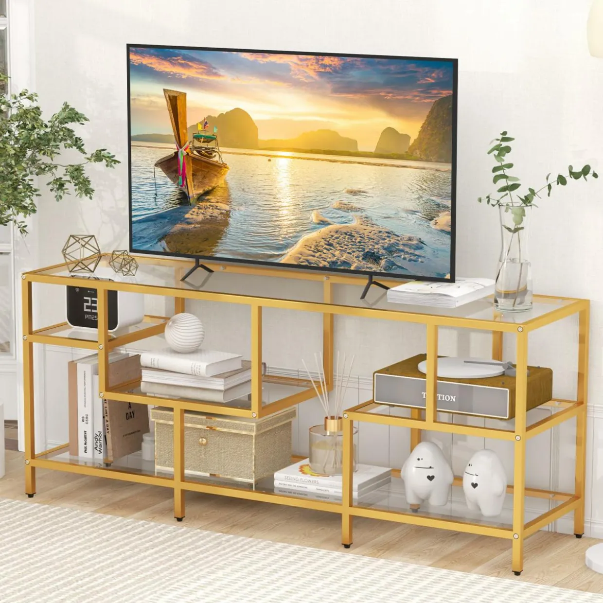 Tangkula Gold TV Stand for TVs up to 65”, 58” TV Console Table with Tempered Glass Shelves & Golden Metal Frame