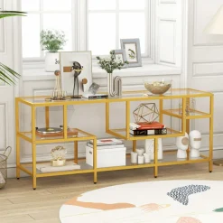 Tangkula Gold TV Stand for TVs up to 65”, 58” TV Console Table with Tempered Glass Shelves & Golden Metal Frame
