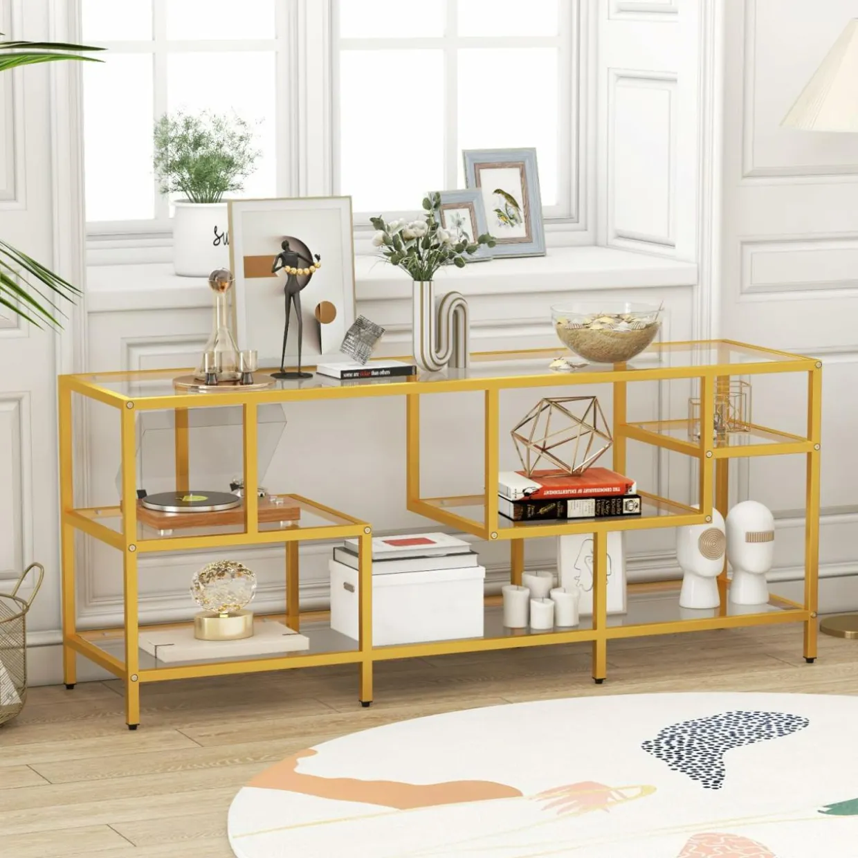 Tangkula Gold TV Stand for TVs up to 65”, 58” TV Console Table with Tempered Glass Shelves & Golden Metal Frame