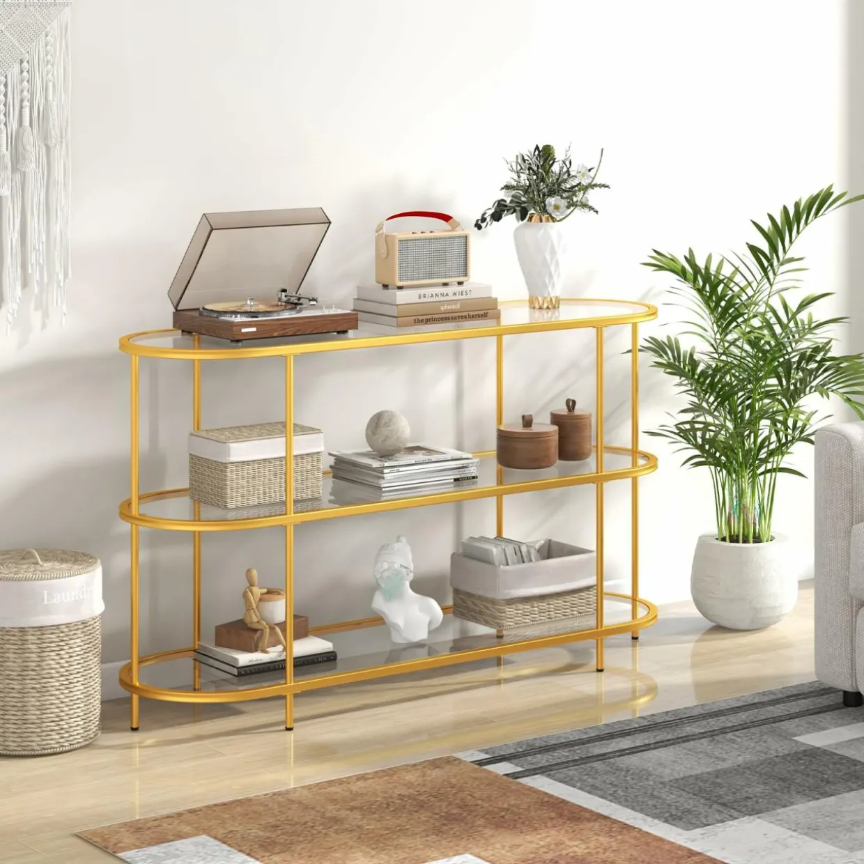 Tangkula Gold TV Stand for TVs up to 65”, 55” 3-Tier TV Console Table with Tempered Glass Shelves & Golden Metal Frame
