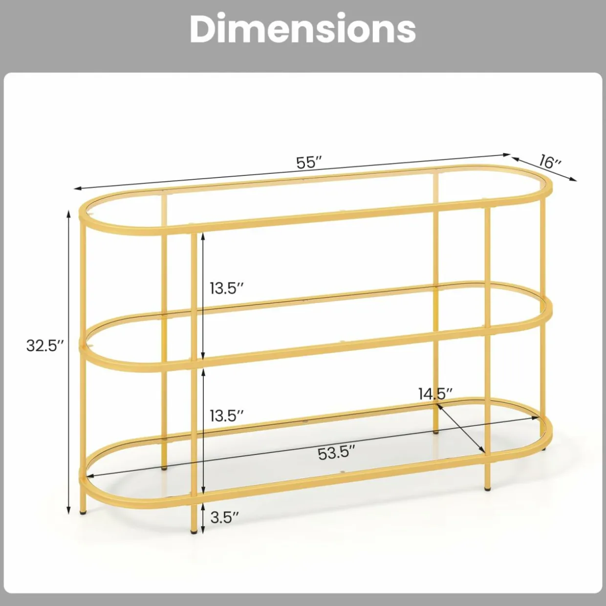 Tangkula Gold TV Stand for TVs up to 65”, 55” 3-Tier TV Console Table with Tempered Glass Shelves & Golden Metal Frame