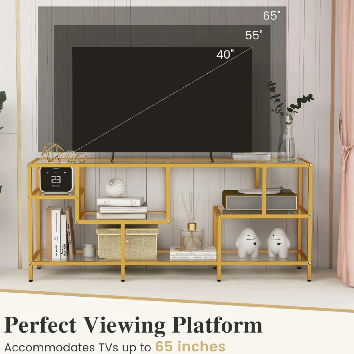 Tangkula Gold TV Stand for TVs up to 65”, 58” TV Console Table with Tempered Glass Shelves & Golden Metal Frame