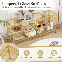 Tangkula Gold TV Stand for TVs up to 65”, 58” TV Console Table with Tempered Glass Shelves & Golden Metal Frame