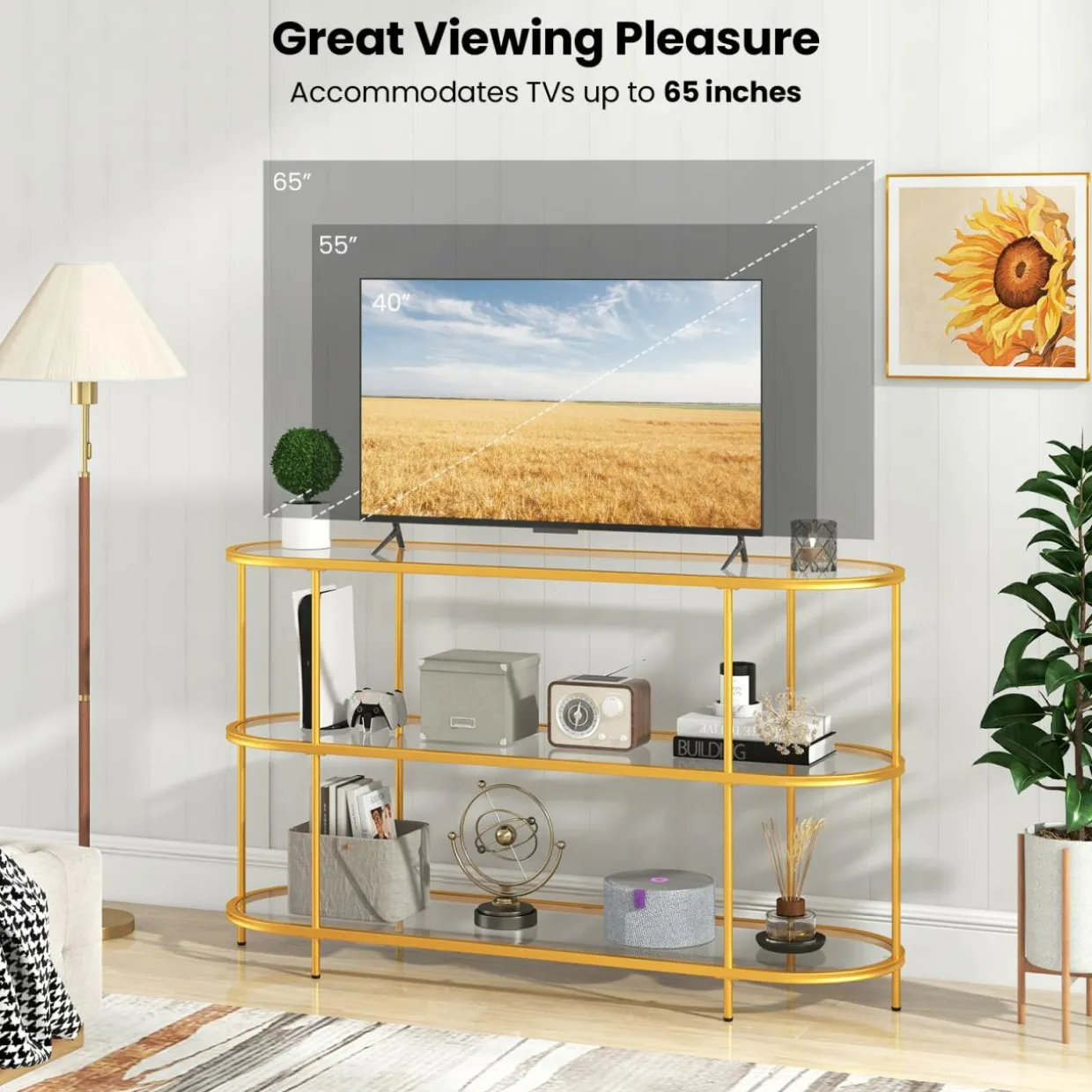 Tangkula Gold TV Stand for TVs up to 65”, 55” 3-Tier TV Console Table with Tempered Glass Shelves & Golden Metal Frame