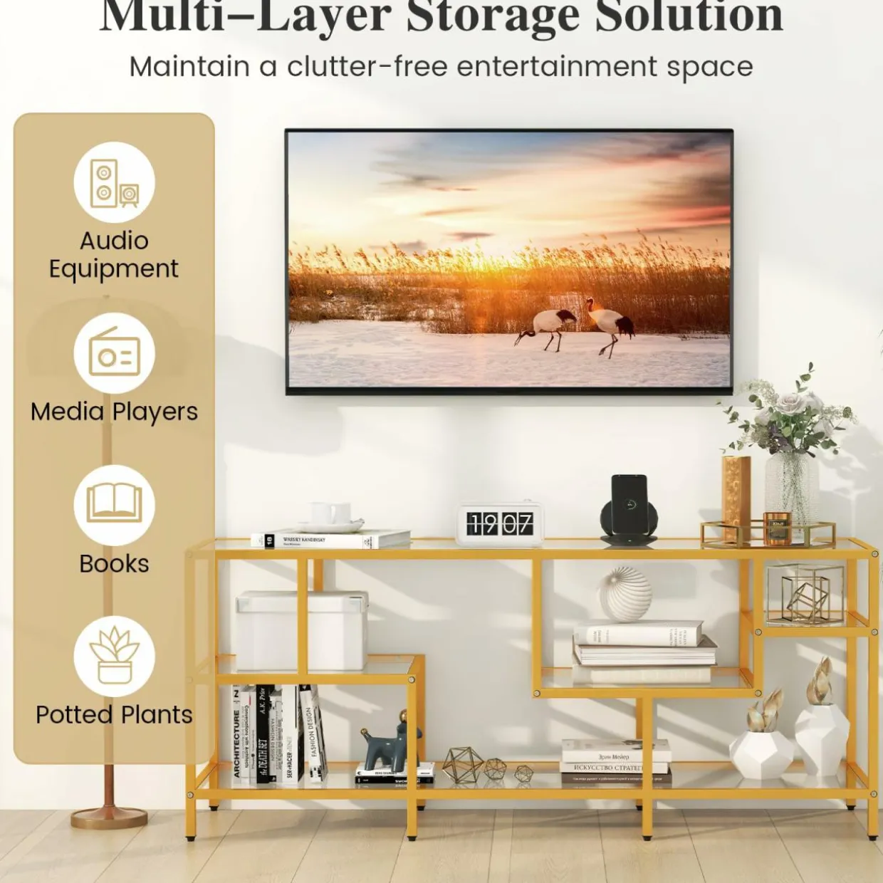 Tangkula Gold TV Stand for TVs up to 65”, 58” TV Console Table with Tempered Glass Shelves & Golden Metal Frame