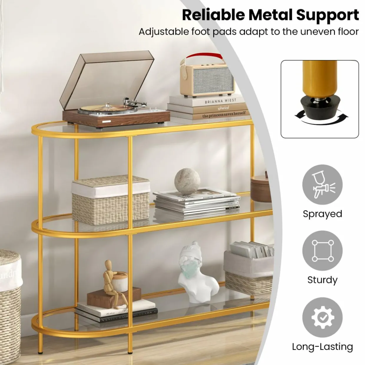 Tangkula Gold TV Stand for TVs up to 65”, 55” 3-Tier TV Console Table with Tempered Glass Shelves & Golden Metal Frame