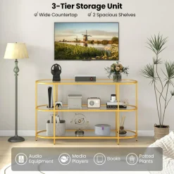Tangkula Gold TV Stand for TVs up to 65”, 55” 3-Tier TV Console Table with Tempered Glass Shelves & Golden Metal Frame