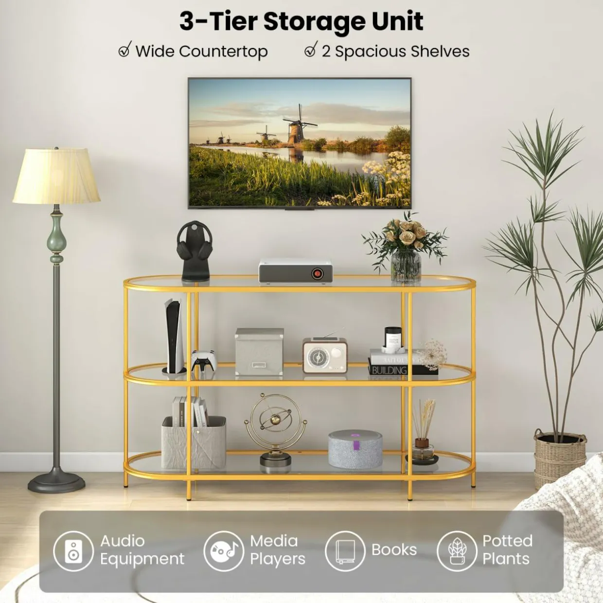 Tangkula Gold TV Stand for TVs up to 65”, 55” 3-Tier TV Console Table with Tempered Glass Shelves & Golden Metal Frame