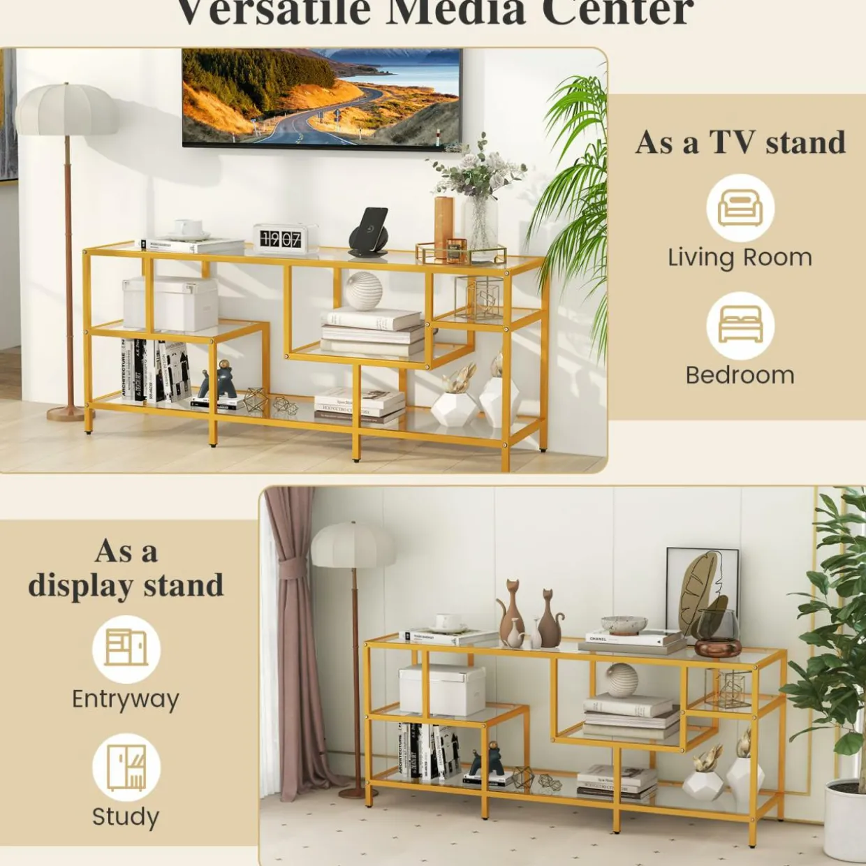 Tangkula Gold TV Stand for TVs up to 65”, 58” TV Console Table with Tempered Glass Shelves & Golden Metal Frame