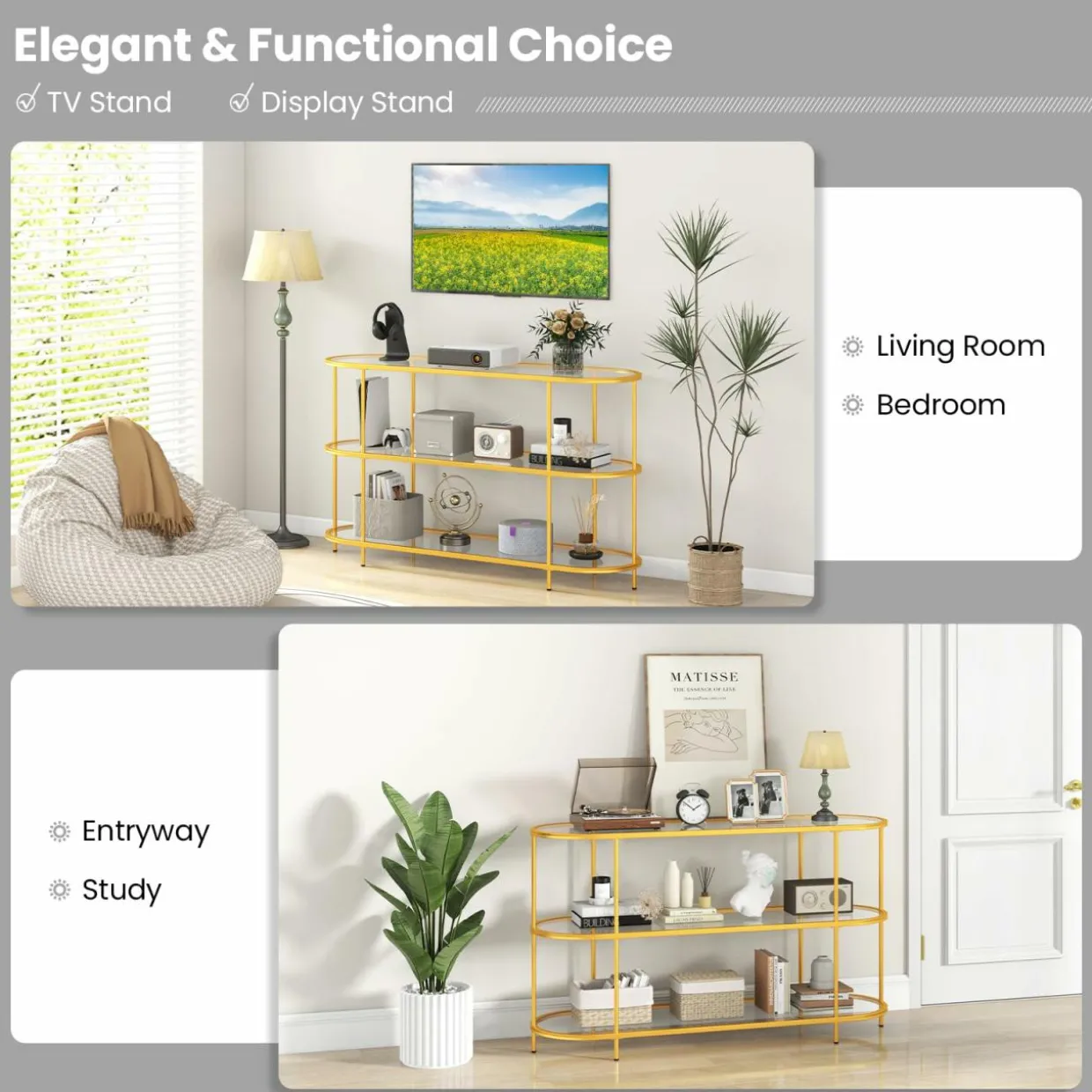 Tangkula Gold TV Stand for TVs up to 65”, 55” 3-Tier TV Console Table with Tempered Glass Shelves & Golden Metal Frame