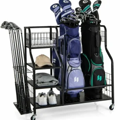 Tangkula Golf Bag Storage Rack for Garage, Golf Bags Stand with 3-Tire Storage Rack, Top Golf Basket