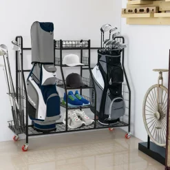Tangkula Golf Bag Storage Rack for Garage, Heavy Duty Metal Double Golf Bag Storage Rack with Removable Golf Club Stand