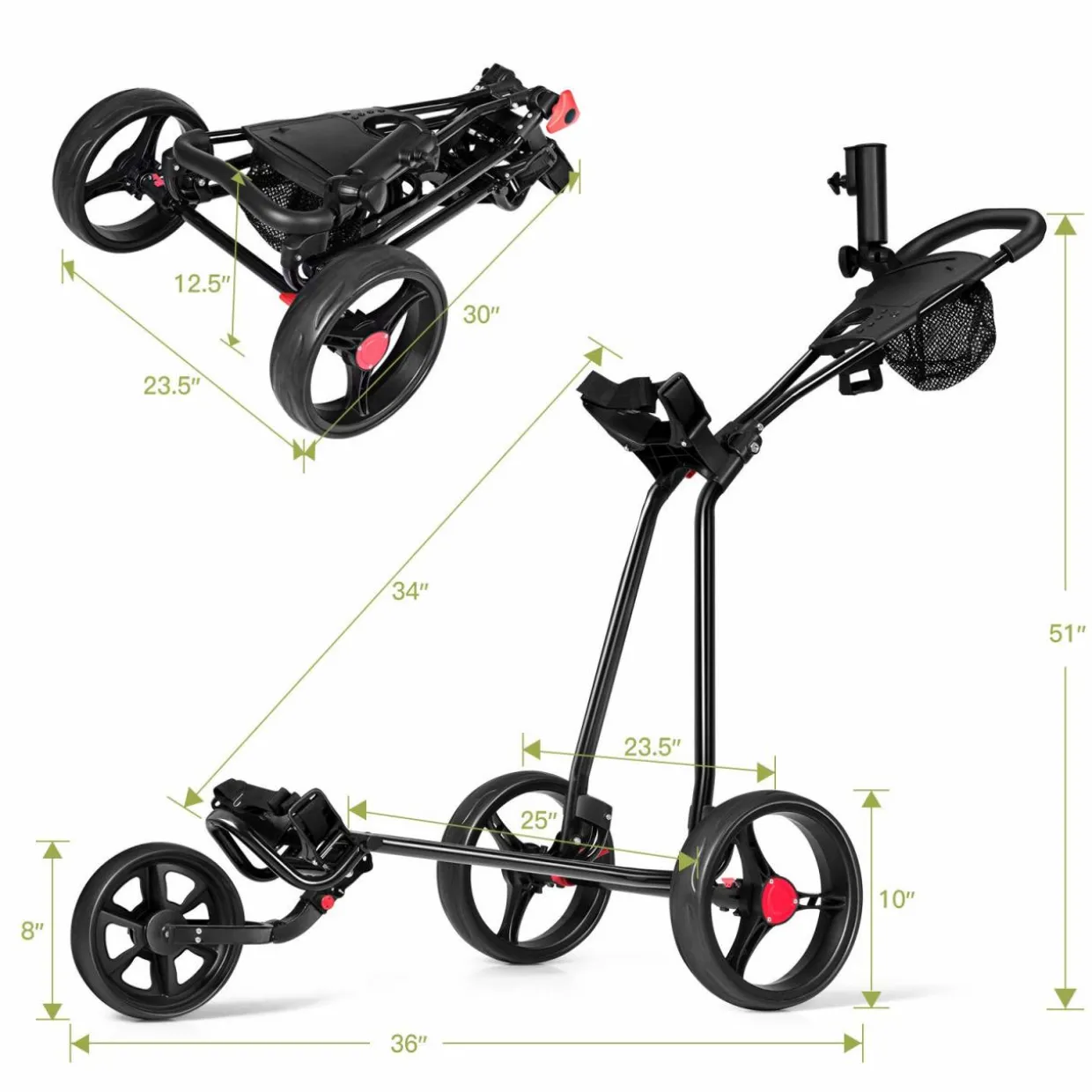 Tangkula Golf Push Cart, Lightweight Collapsible Golf Pull Cart, 3 Wheels Golf Trolley with Foot Brake Umbrella Holder & Cup Holder
