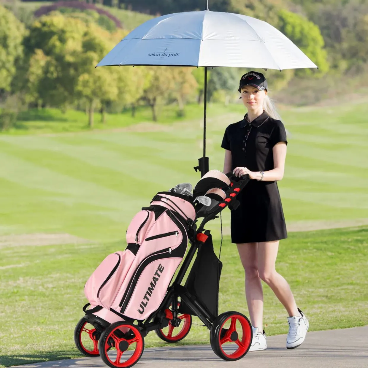 Tangkula Golf Push Pull Cart, Lightweight Aluminum Collapsible 4 Wheels Golf Push Cart, Golf Trolley with Waterproof Bag & Foot Brake