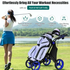 Tangkula Golf Push Pull Cart, Lightweight Aluminum Collapsible 4 Wheels Golf Push Cart, Golf Trolley with Waterproof Bag & Foot Brake