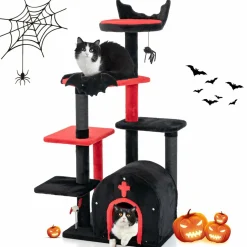 Tangkula Gothic Cat Tree, 53 Inch Black Cat Tower with Coffin Cat Bed, Spider Pompom & Spring Balls