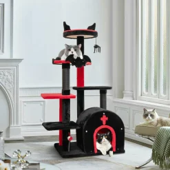 Tangkula Gothic Cat Tree, 53 Inch Black Cat Tower with Coffin Cat Bed, Spider Pompom & Spring Balls
