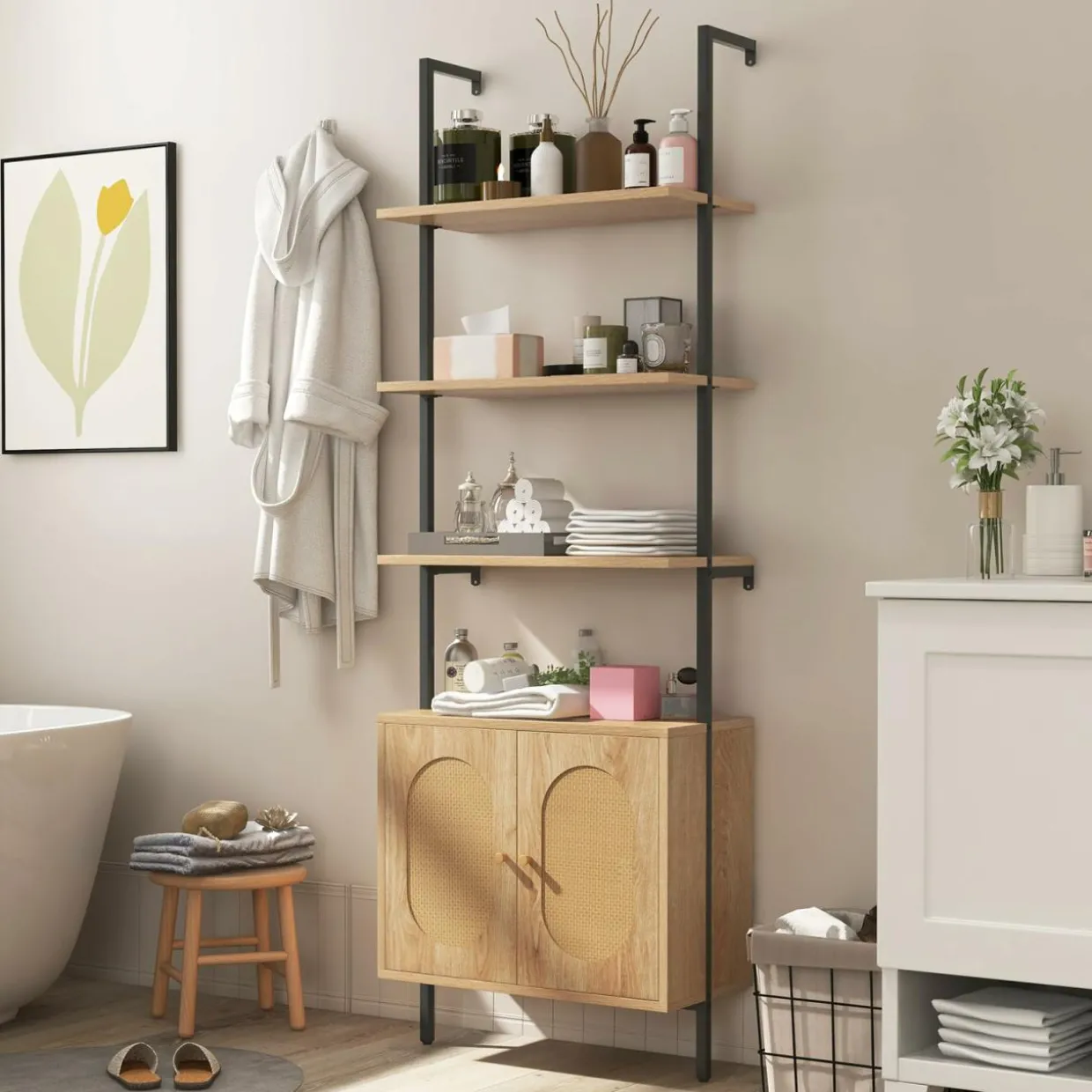 Tangkula 71"H Ladder Bookshelf with Cabinet, Farmhouse 6-Tier Wall Mounted Bookcase with Rattan Cabinet & Metal Frame
