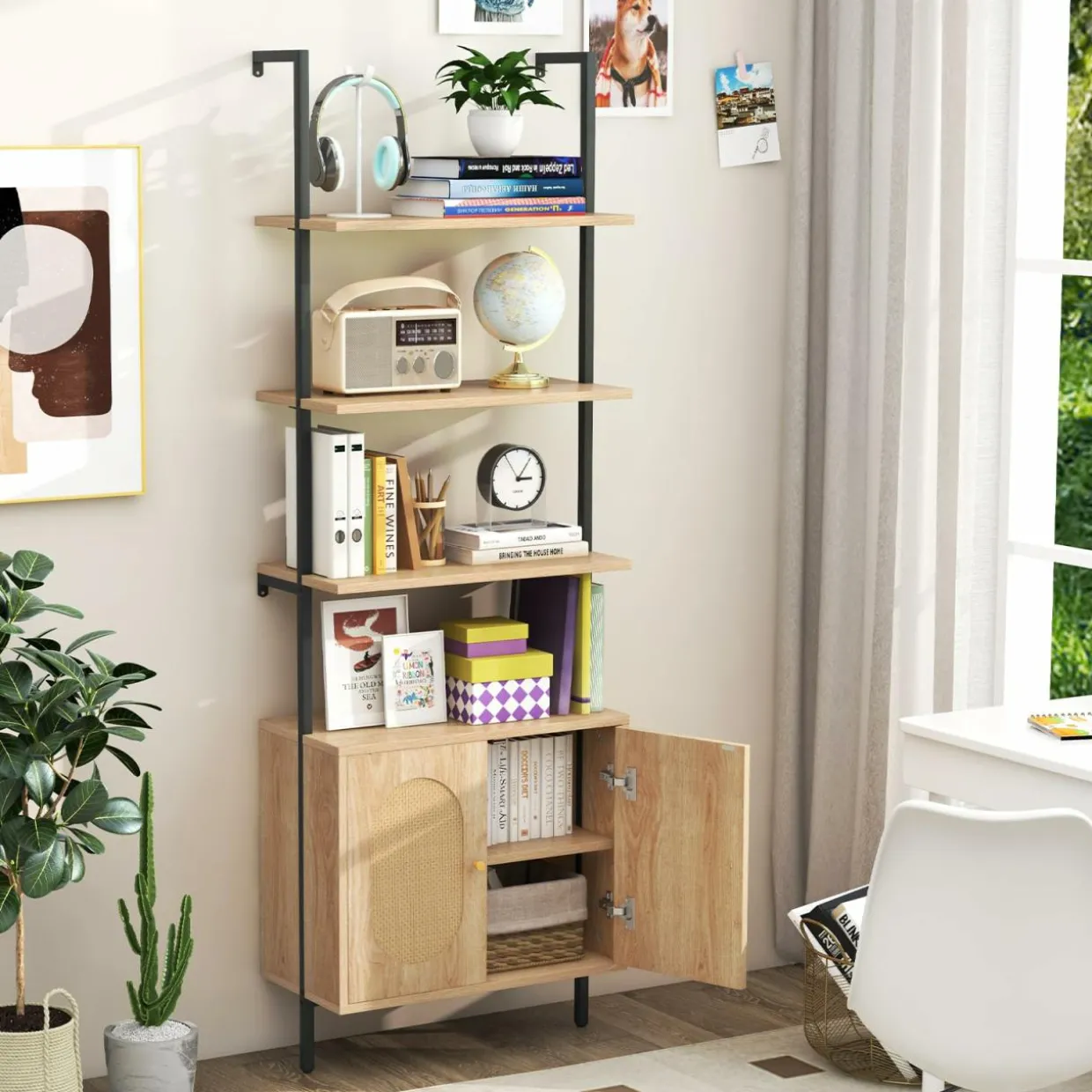 Tangkula 71"H Ladder Bookshelf with Cabinet, Farmhouse 6-Tier Wall Mounted Bookcase with Rattan Cabinet & Metal Frame