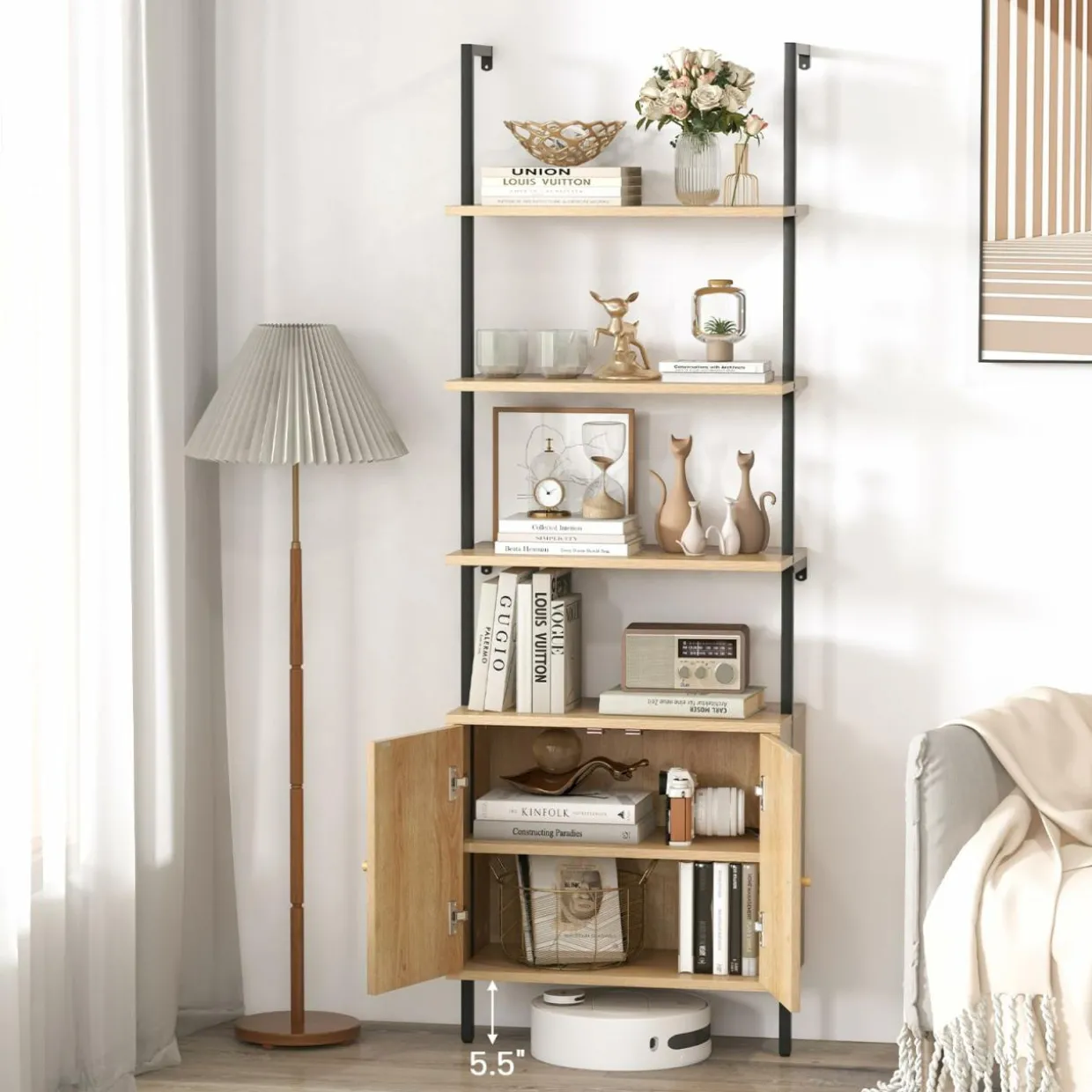 Tangkula 71"H Ladder Bookshelf with Cabinet, Farmhouse 6-Tier Wall Mounted Bookcase with Rattan Cabinet & Metal Frame