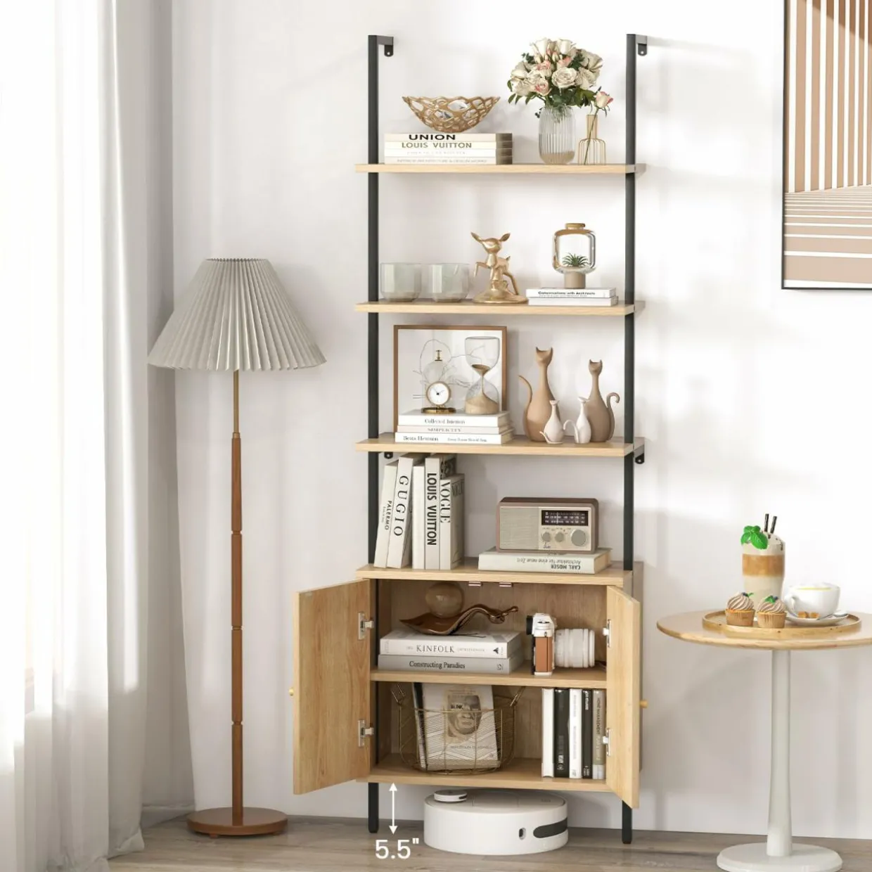 Tangkula 71"H Ladder Bookshelf with Cabinet, Farmhouse 6-Tier Wall Mounted Bookcase with Rattan Cabinet & Metal Frame