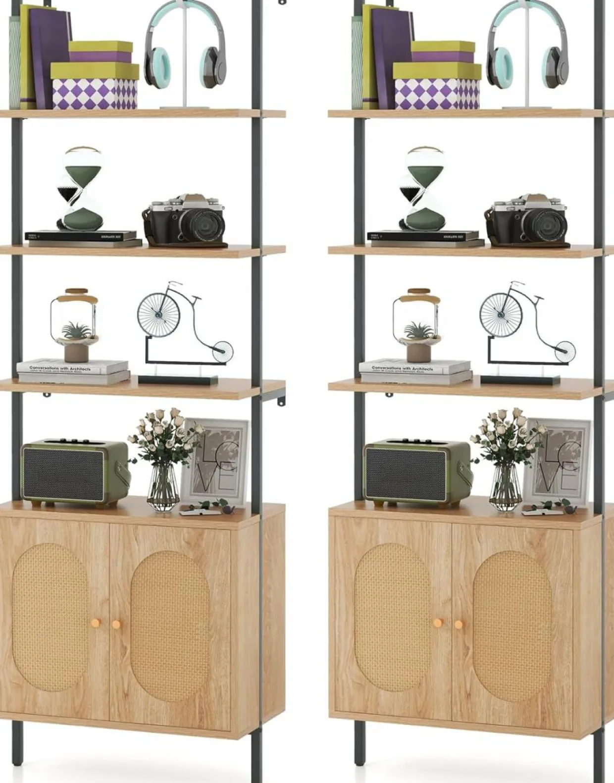 Tangkula 71"H Ladder Bookshelf with Cabinet, Farmhouse 6-Tier Wall Mounted Bookcase with Rattan Cabinet & Metal Frame