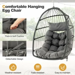 Tangkula Hanging Egg Chair, Foldable Wicker Hammock Chair with Removable Seat Cushion (Without Stand) (Gray)
